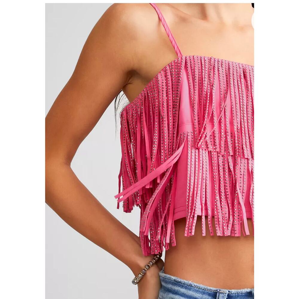 NYLON Apparel Pink Rhinestone Fringe Crop Top Size M - Picture 7 of 8